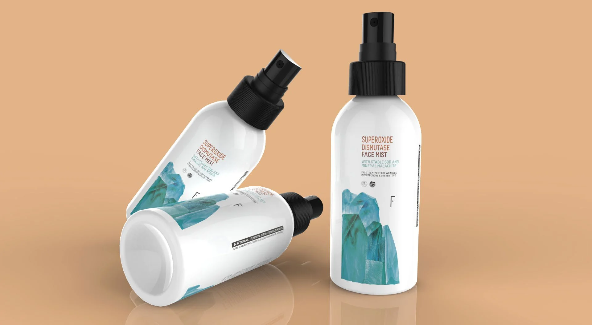 Dirección visual y renderizados de productos Freshly Cosmetics sobre un fondo naranja