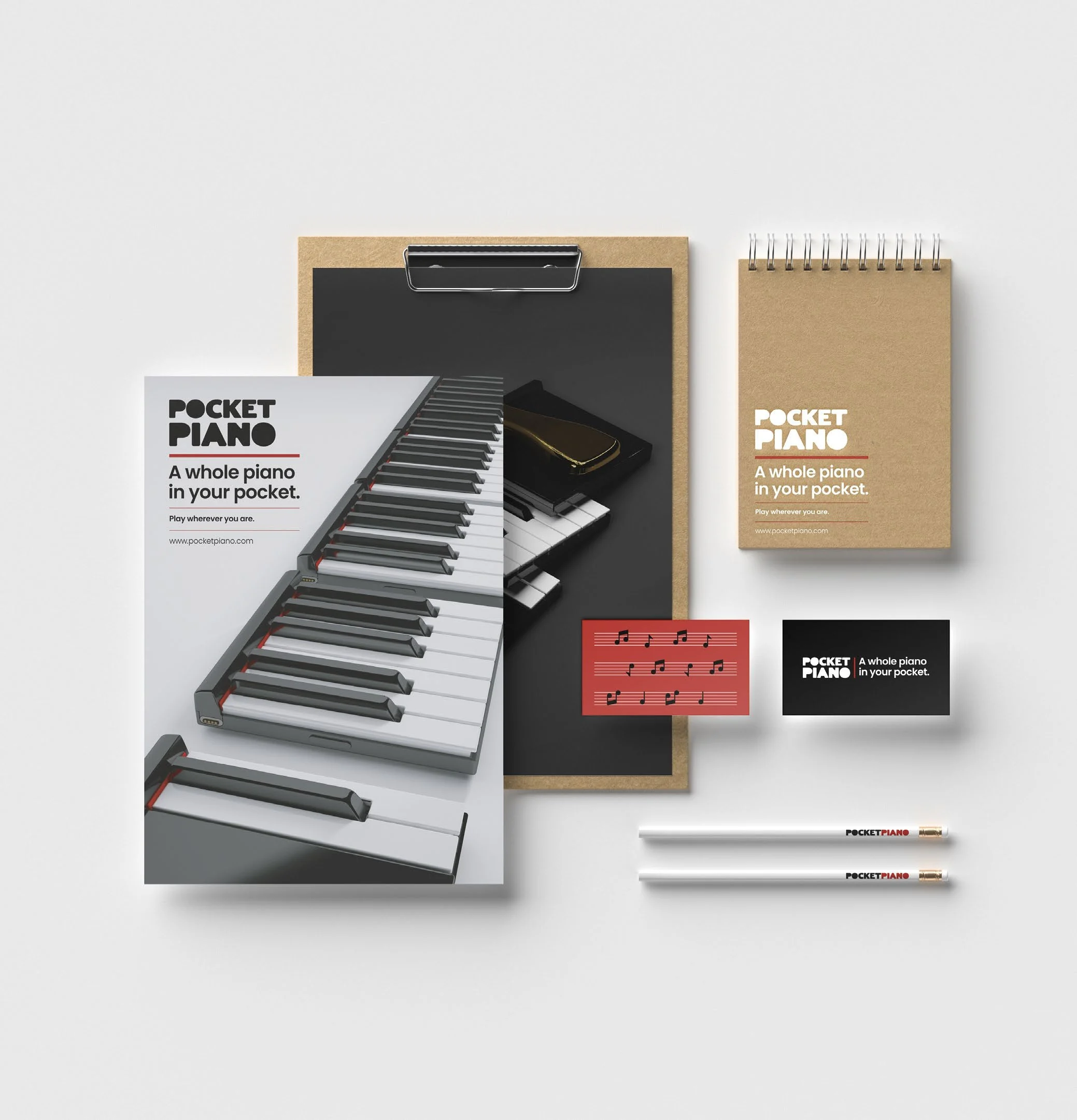 Identidad Pocket Piano aplicada a cuaderno, tarjetas y dosier impreso