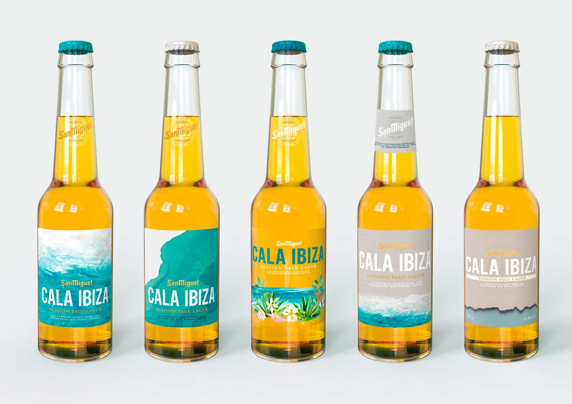 Cinco botellas de Cala Ibiza con una familia de etiquetas ilustradas en azul, amarillo y verde
