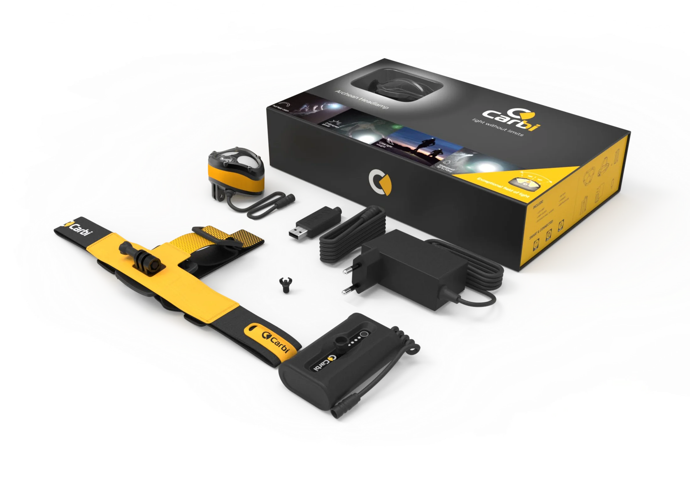 Packaging estructural y piezas de Carbi en negro y amarillo