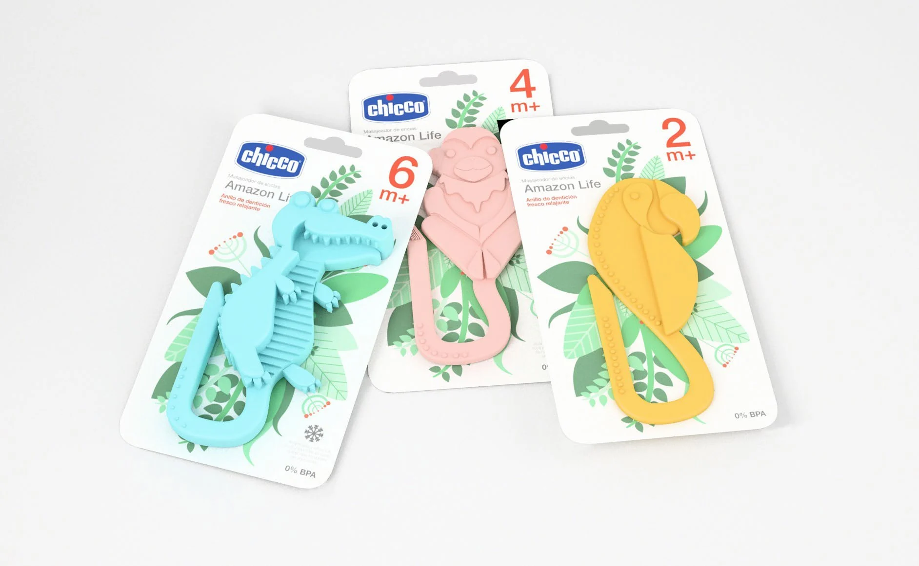 Packaging de mordedores Chicco con las tres formas y sus gráficas de presentación