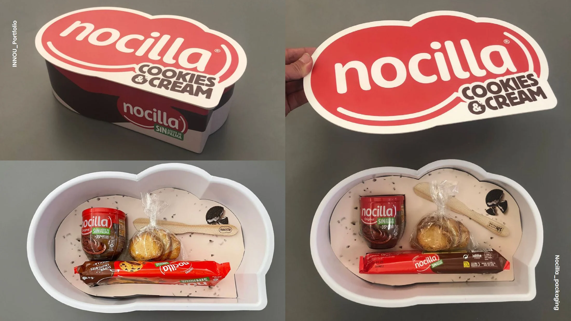 Envase Nocilla Cookie Cream abierto y cerrado, mostrando la distribución interior del producto