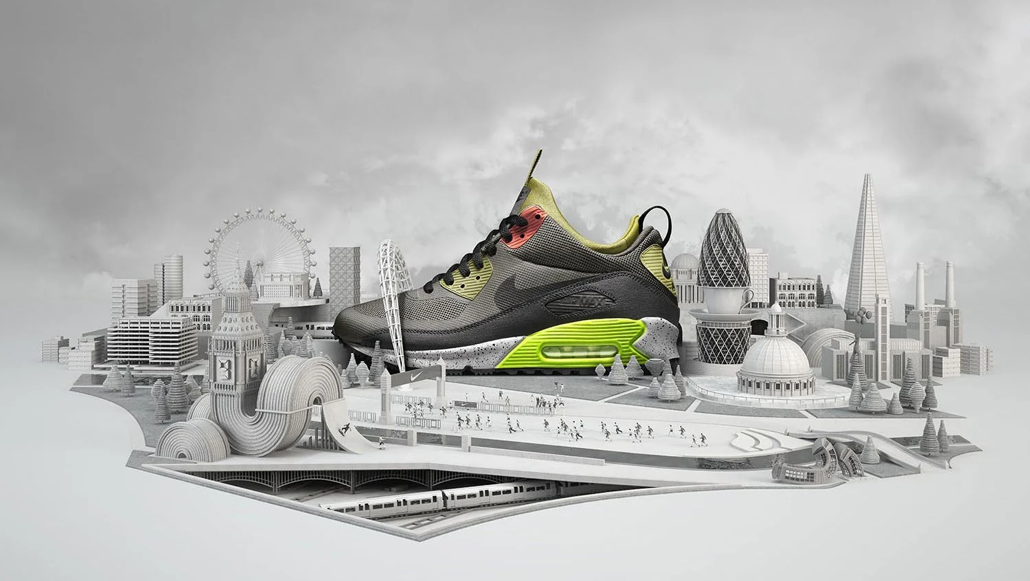 Escenografía Nike con dos zapatillas a gran escala entre maquetas urbanas y edificios