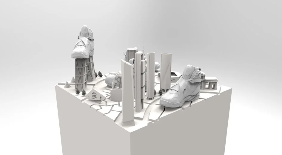 Maqueta de una ciudad con edificios y zapatillas integrada en un expositor