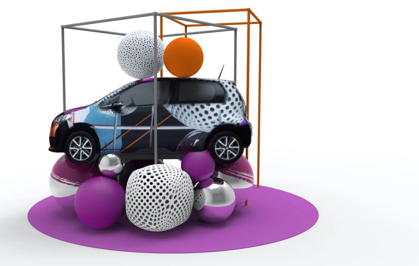 Visualización de la instalación SEAT con volúmenes geométricos y estructura de exposición