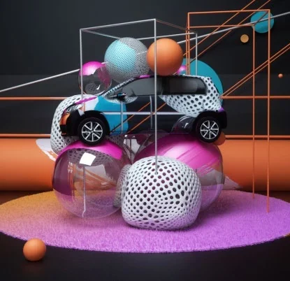 Instalación de SEAT con automóvil y grandes volúmenes geométricos de color